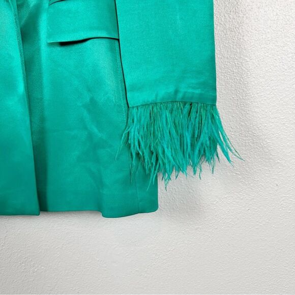 ZARA Green Satin Double-Breasted Feather Cuff Blazer Size X-Small - Picture 4 of 9